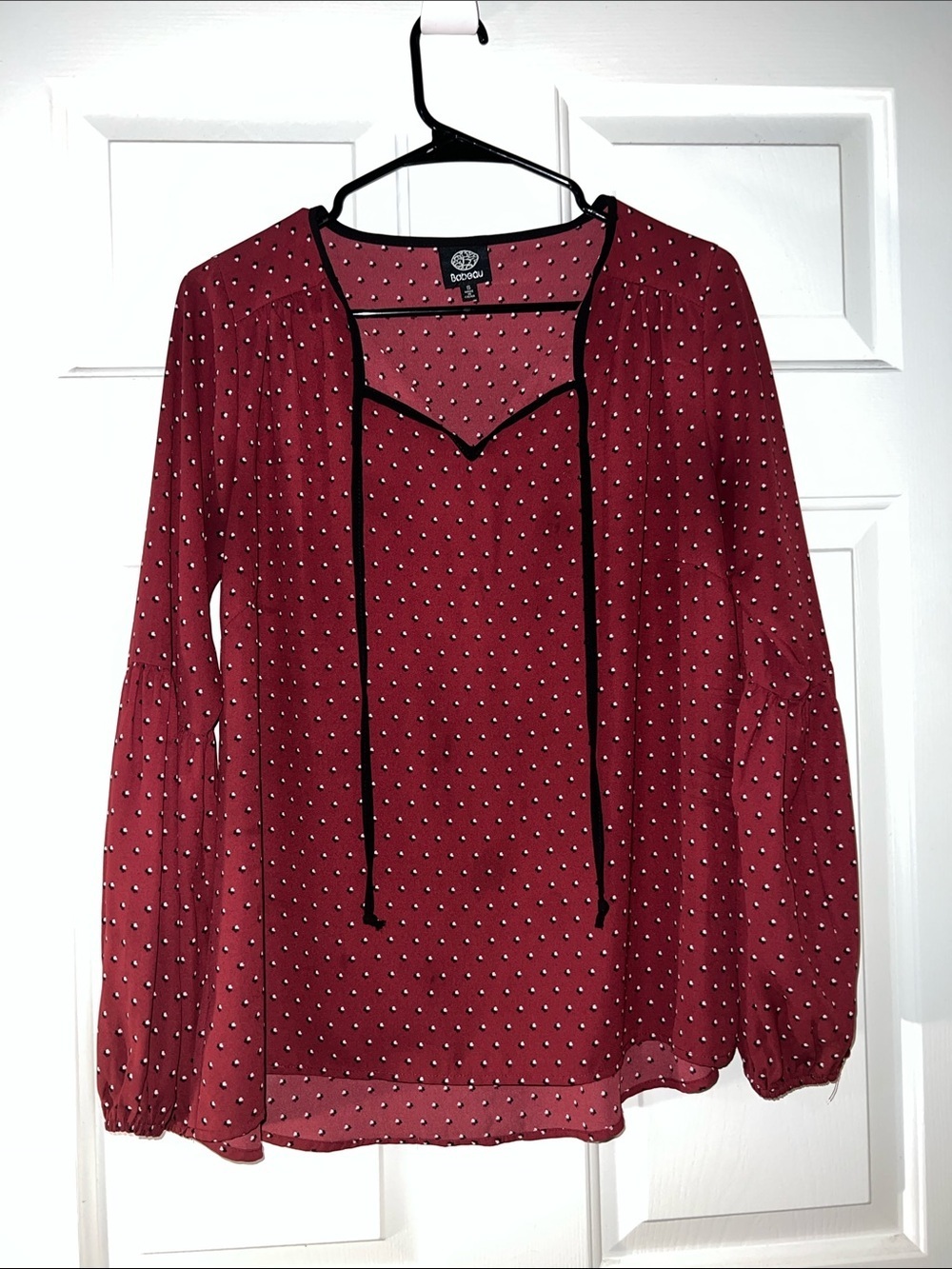 bobeau Burgundy Polka Dot Tie-Neck Blouse